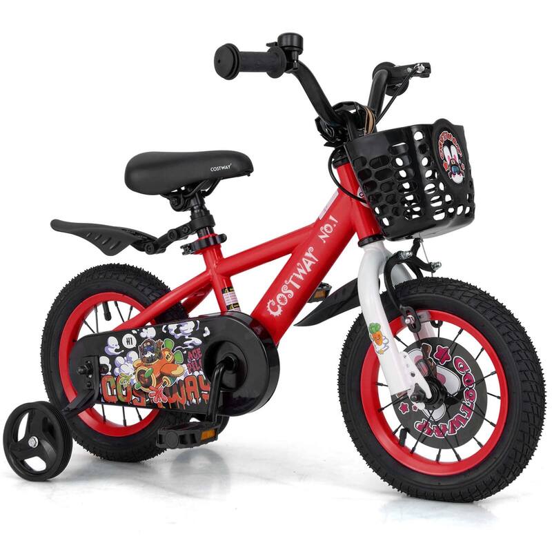 12'' Child Bike Kids Bicycle w/ Adjustable Height &Training Wheels - Red