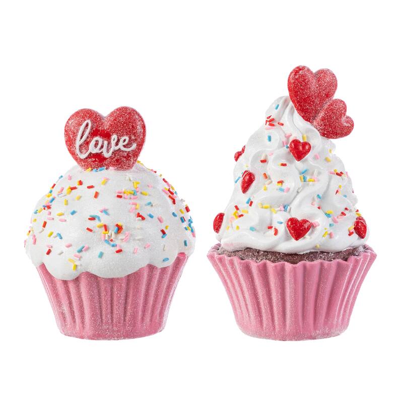 Glitzhome Set of 2 Valentine's Resin Cupcakes Table Decor