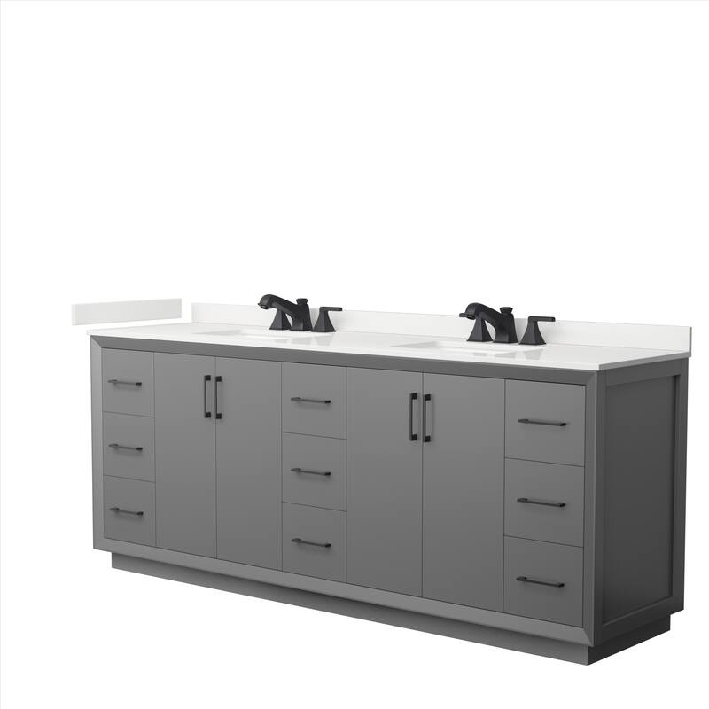 Strada 84-inch Double Vanity, Quartz Top - Dark Gray, Black Trim, White Quartz Top