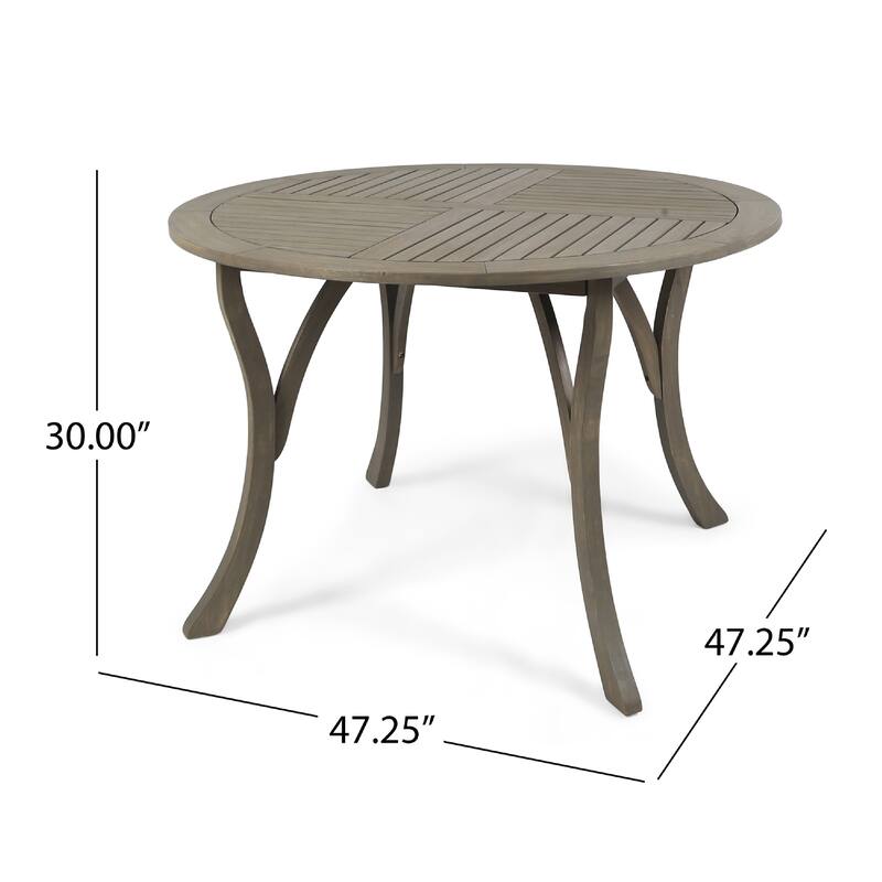 Olen Outdoor Round Dining Table, Curved Legs, Gray Acacia Wood 47 Inch
