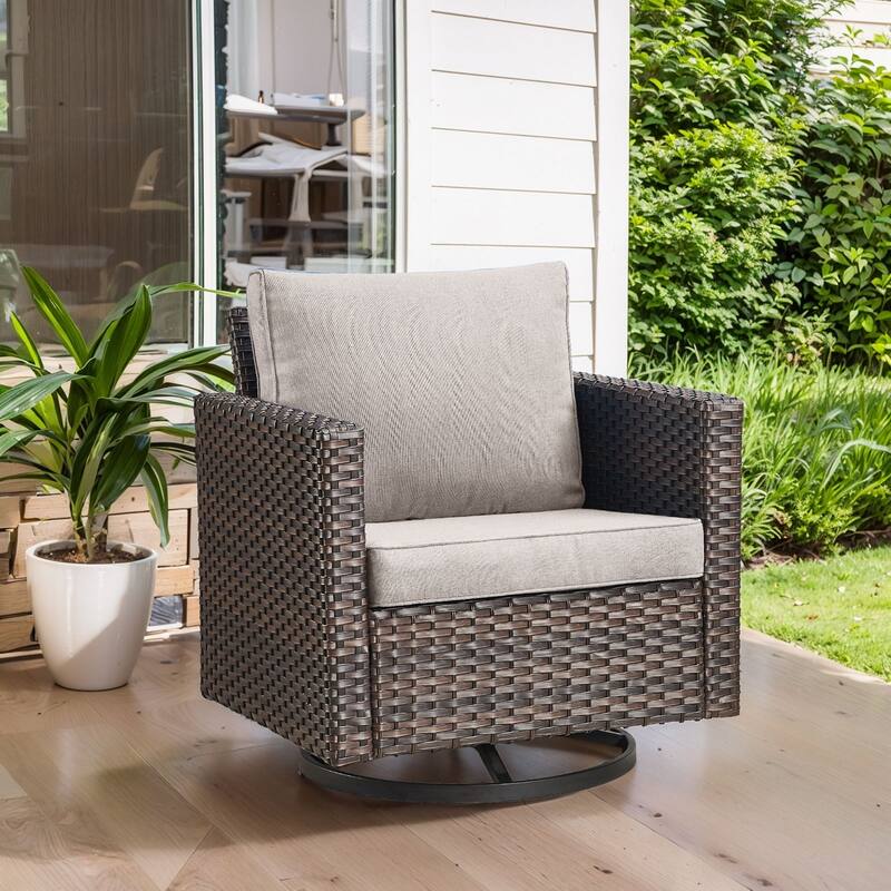 Pocassy Patio Swivel Chair with Soft Cushion - Brown Wicker Beige Cushion - 1PC Swivel Chair