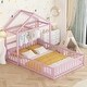 preview thumbnail 3 of 2, Wooden Floor Bed with Fence Railings and Detachable House Shape Headboard,Full Size Bed with Kids Dress Up Rack Pink
