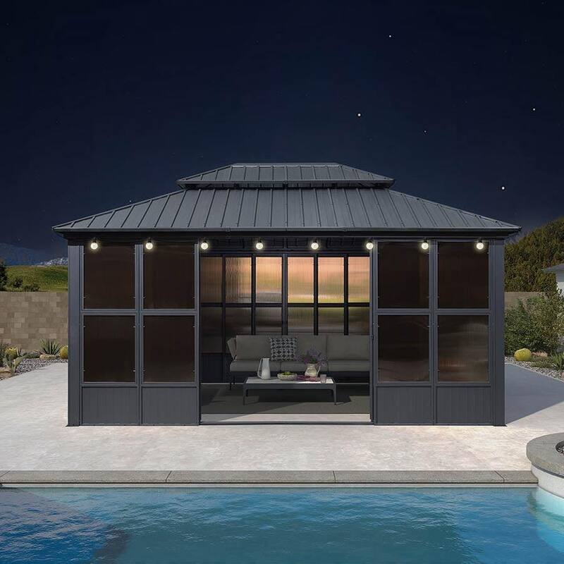 PURPLE LEAF Double Top Sunroom Outdoor Grey All-Weather Screen House Patio Hardtop Gazebo