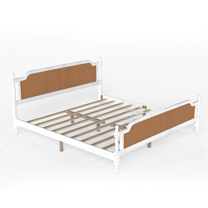Wooden Platform Bed Bed Frame w/Hand-Woven Rattan Headboard & Footboard, Boho and Mid Century Style Bed Frame, Solid Pine Wood
