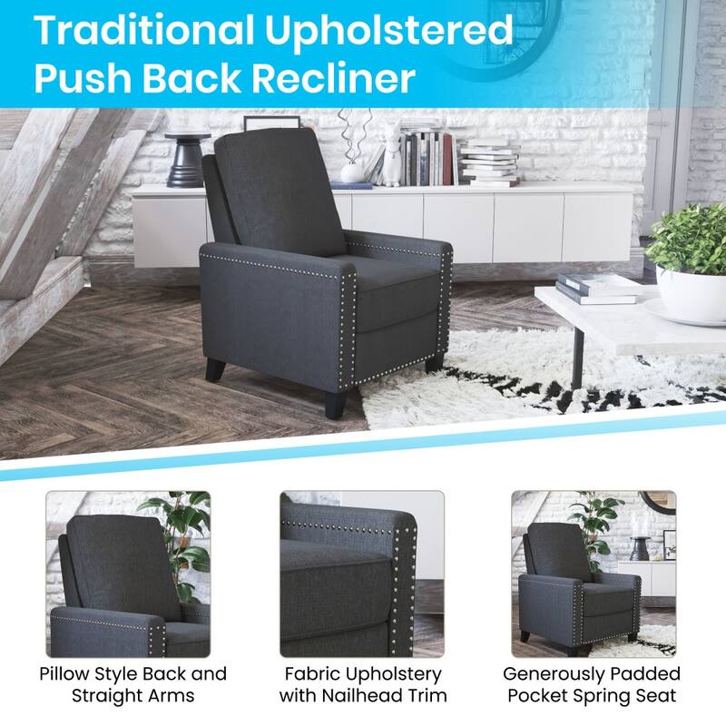 Push Back Recliner with Pillow Style Backrest and Accent Nail Trim