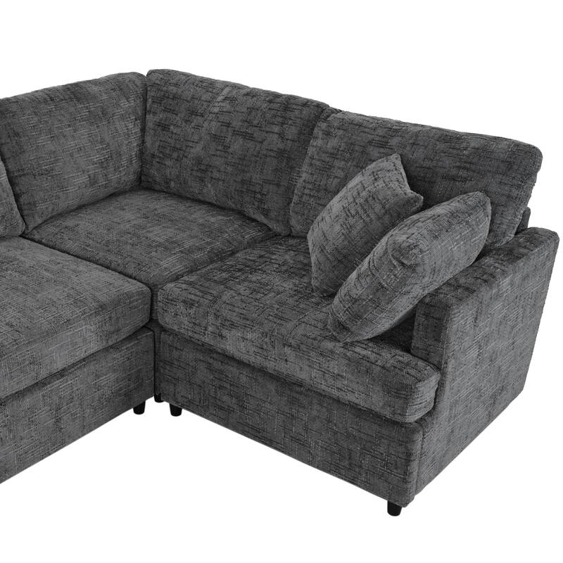 U-Shaped Sectional Sofa with Movable Ottoman, 6 Piece Chenille Sofa Set, Pine Wood Frame Convertible Modular Corner Couch