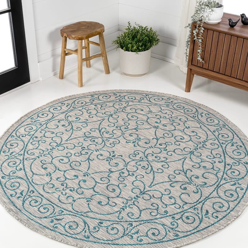 JONATHAN Y Filigree Textured Weave Indoor/Outdoor Area Rug - 8' Round - Gray/Teal