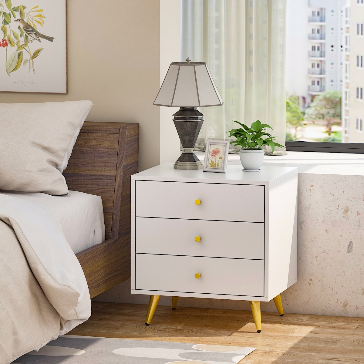 White Nightstands Bedside Table End Table Gold Metal Legs（1 Pcs）