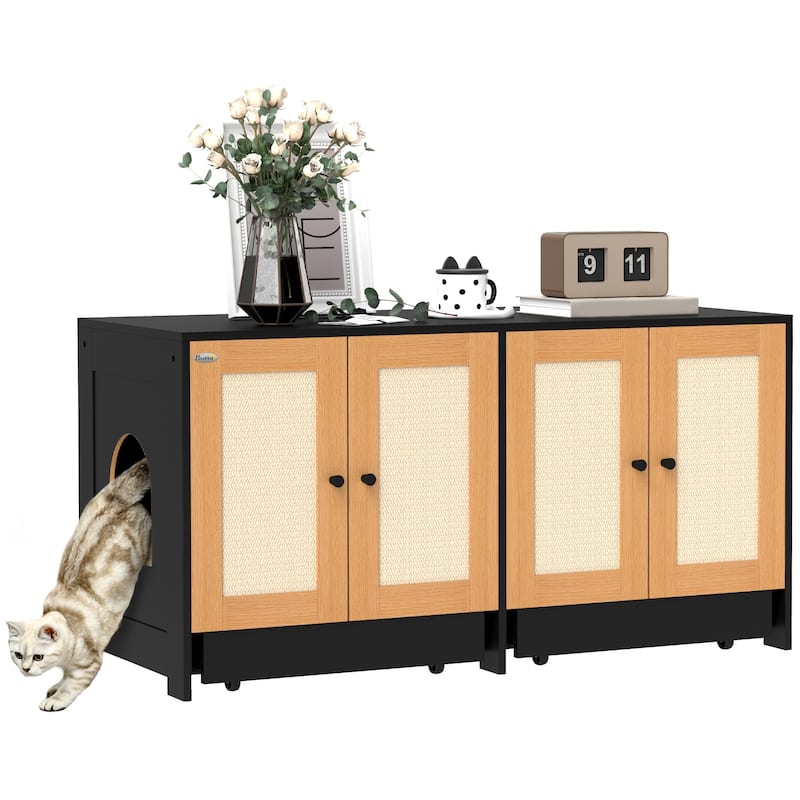PawHut Double Cat Litter Box Enclosure, Hidden Litter Box Furniture for 2 Cats, Large Cat Box Furniture Side Table, Black - Black