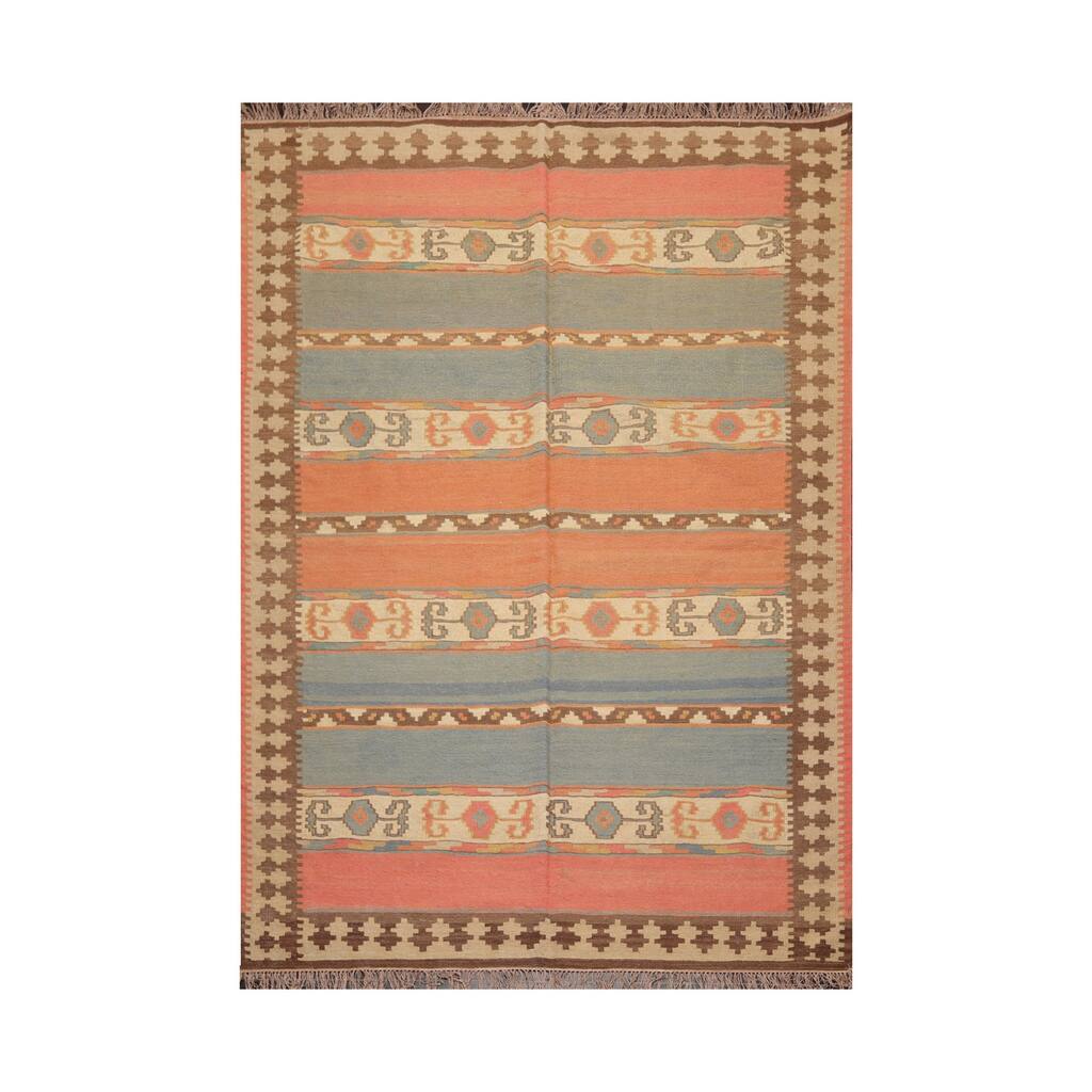 Hand Knotted Kilim Salmon,Blue Persian Wool Oriental Area Rug (6x9) - 6' x 9'