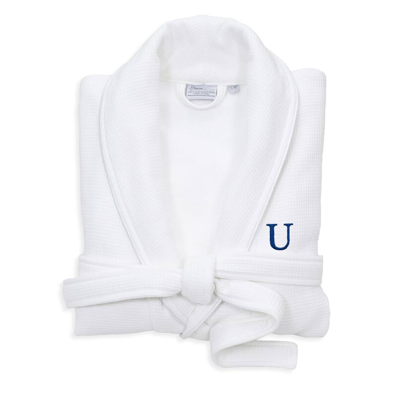 Authentic Hotel and Spa White Unisex Turkish Cotton Waffle Weave Terry Bath Robe with Navy Block Monogram - S/M - U