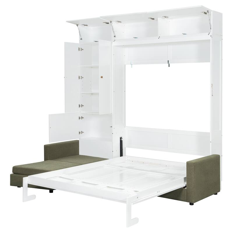 Roomfitters Queen Size Murphy Bed with Sofa and Shelves, Foldable Wall Bed with Storage Cabinet
