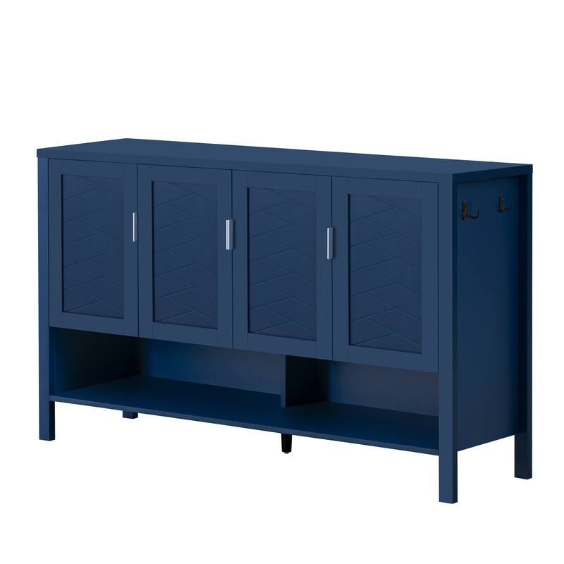 4 Doors Storage Sideboard with Open Shelf and 2-Tiers Adjustable Shelves, Multi Functional Buffet with 2 Side Hooks