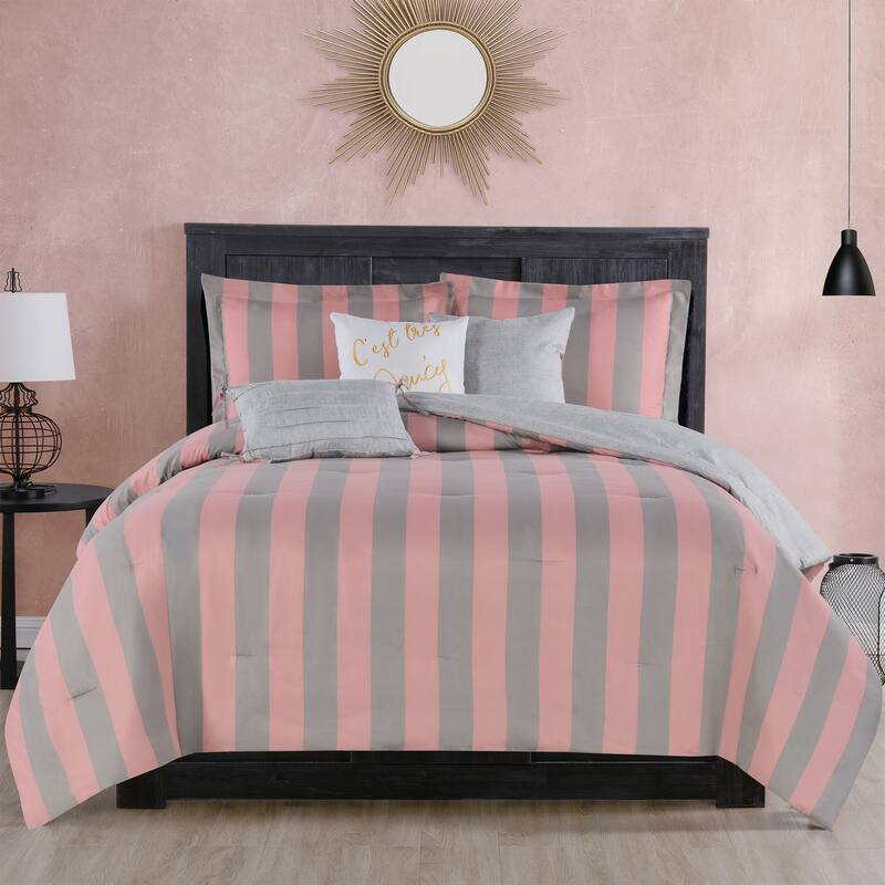 Juicy Reversible Cabana Stripe Bedding Set - Grey/Pink - Queen