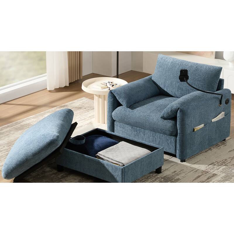 Roomfitters 37" Single Sofa with Storage Ottoman, Chenille Armchair with Phone Holder and Charging Ports, Lounge Chair