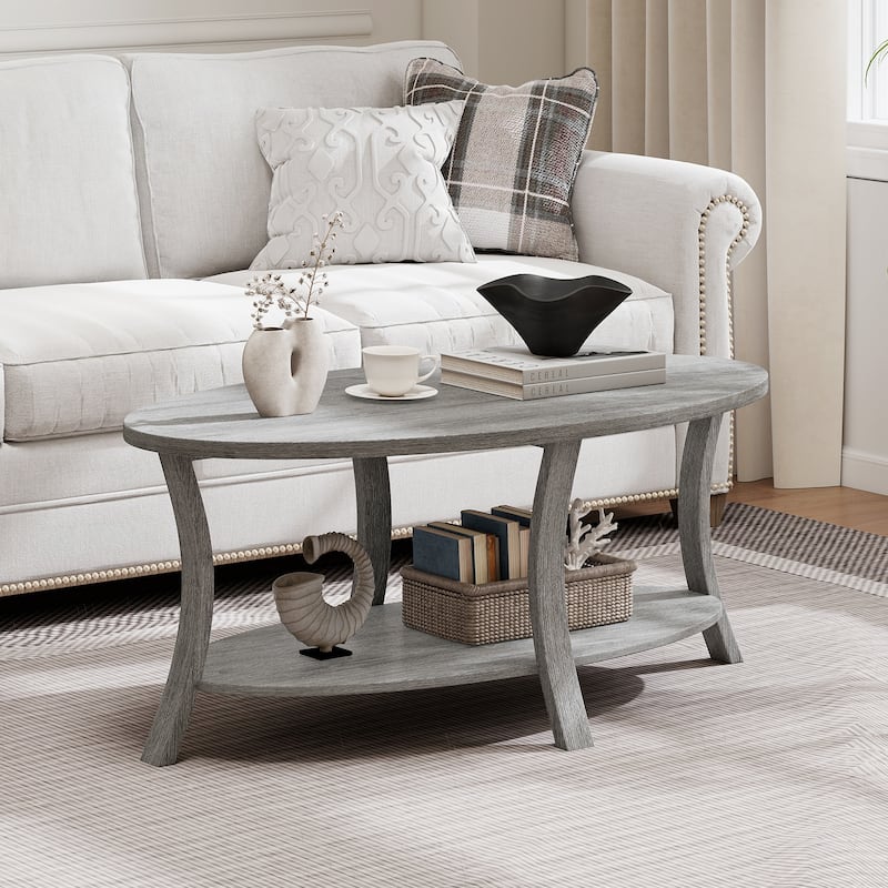 Gymax 2-Tier Oval Coffee Table w/ Storage Shelf Rubber Wood Accent Tea