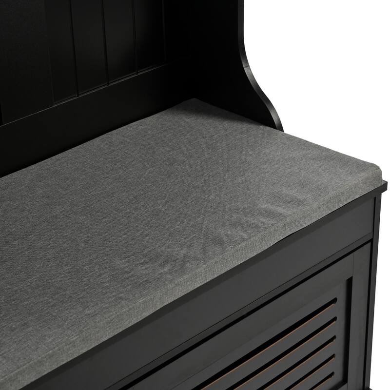 47.2'' Entryway Bench with Shutter-Shaped Doors, Coat Rack, Cushion and 4 Sturdy Hooks