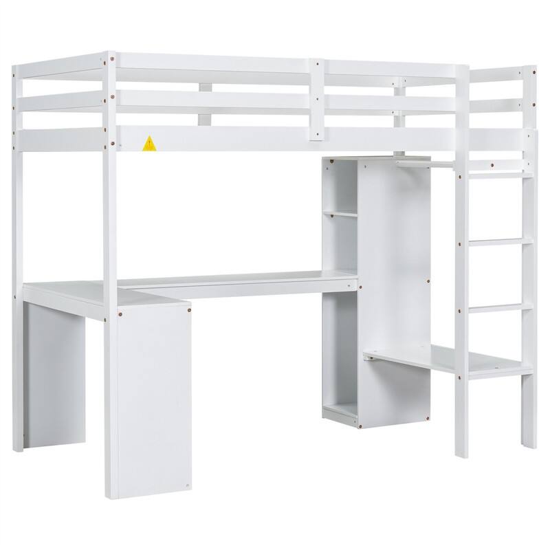 Solid Wood Loft Bed with Bulit-in L-Shaped Desk, Wardrobe and Hanging Rod, Twin/Full Size Loft Bedframe with Storage Shelves