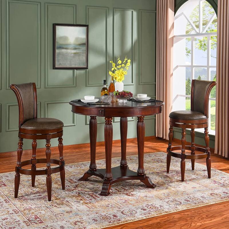 Solid Wood Swivel Bar Stool Carved Hardwood Rotatable Pub Height Stools