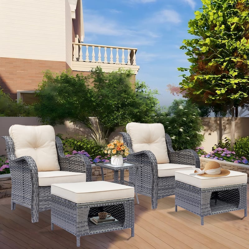 5 Piece Outdoor Patio Conversation Sets Wicker Patio Chairs with Ottoman - Beige