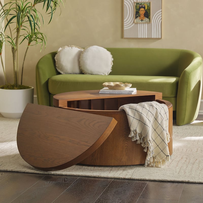 Walker Edison Modern Solid Oak Wood Veneer Round Coffee Table