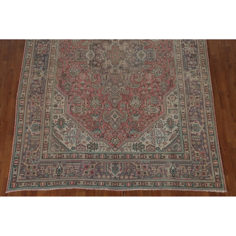 Distressed Tabriz Persian Vintage Area Rug Hand-Knotted Wool Carpet - 6'5" x 9'7"