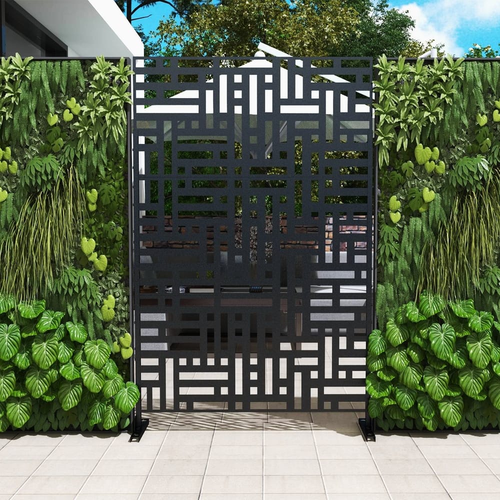 Outdoor 75'' x 47'' Metal Privacy Screen Fence Panel Line Pattern