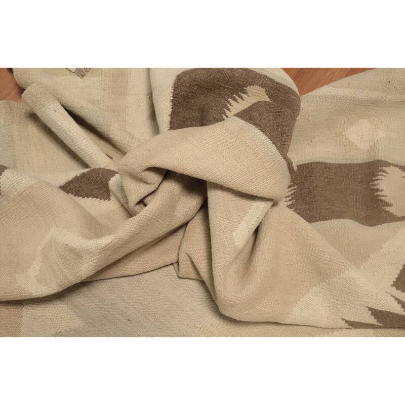 Hand Woven Oriental 100% Wool Carpet Southwestern Tribal Beige & Ivories Kilim Area Rug - 13' 1'' X 10' 0''