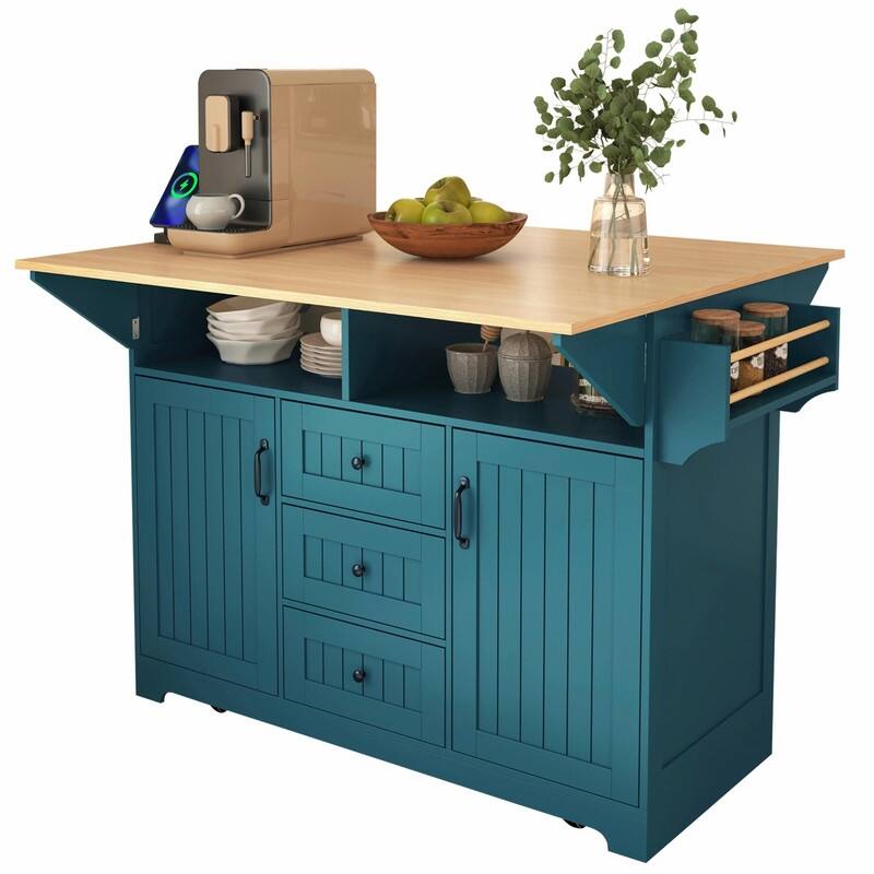 55.7" Rolling Kitchen Island with Double Drop Leaf, Power Outlet, 3 Drawers, Spice & Towel Rack, Folding Dining Table Cart