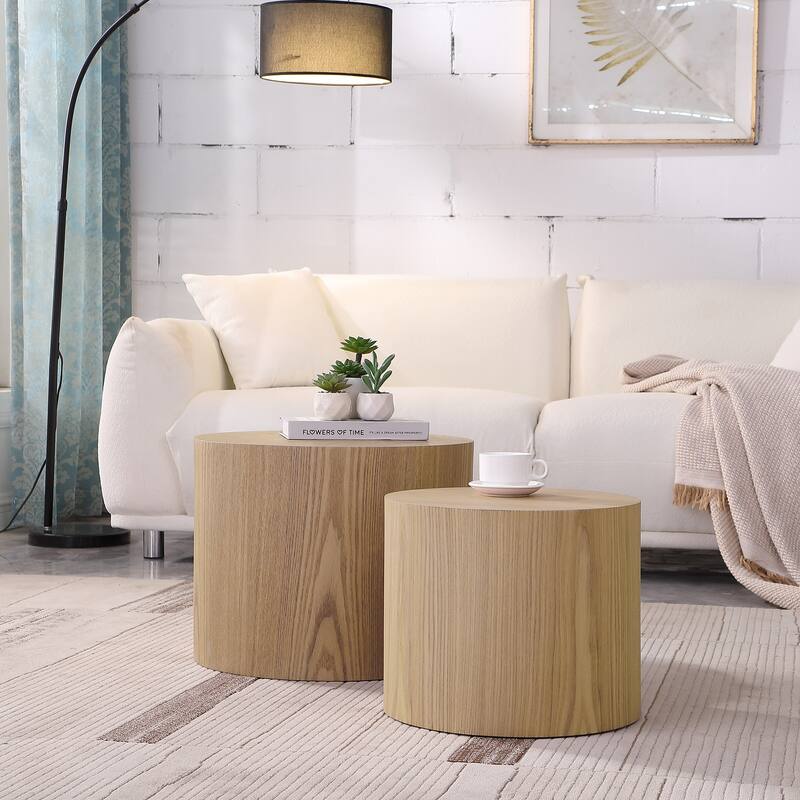 Nesting Coffee Table Set of 2 Minimalist Coffee Table with Wood Grain Veneer, Round Tea Table and End Table Set, for Living Room