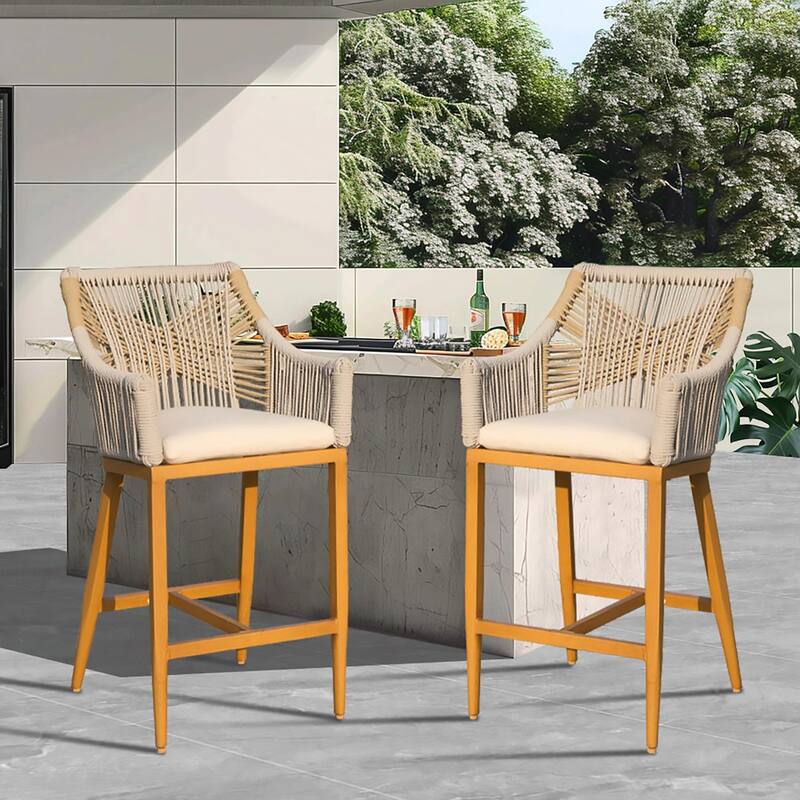 Set of 2 Outdoor Counter Height Bar Stools with Armrest, Backrest, and Cushions