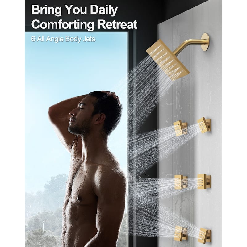 GRANDJOY Shower System Dual Shower Heads 16" and 6" Wall Mounted High Pressure Handheld Spray 6 Body Jets Thermostatic