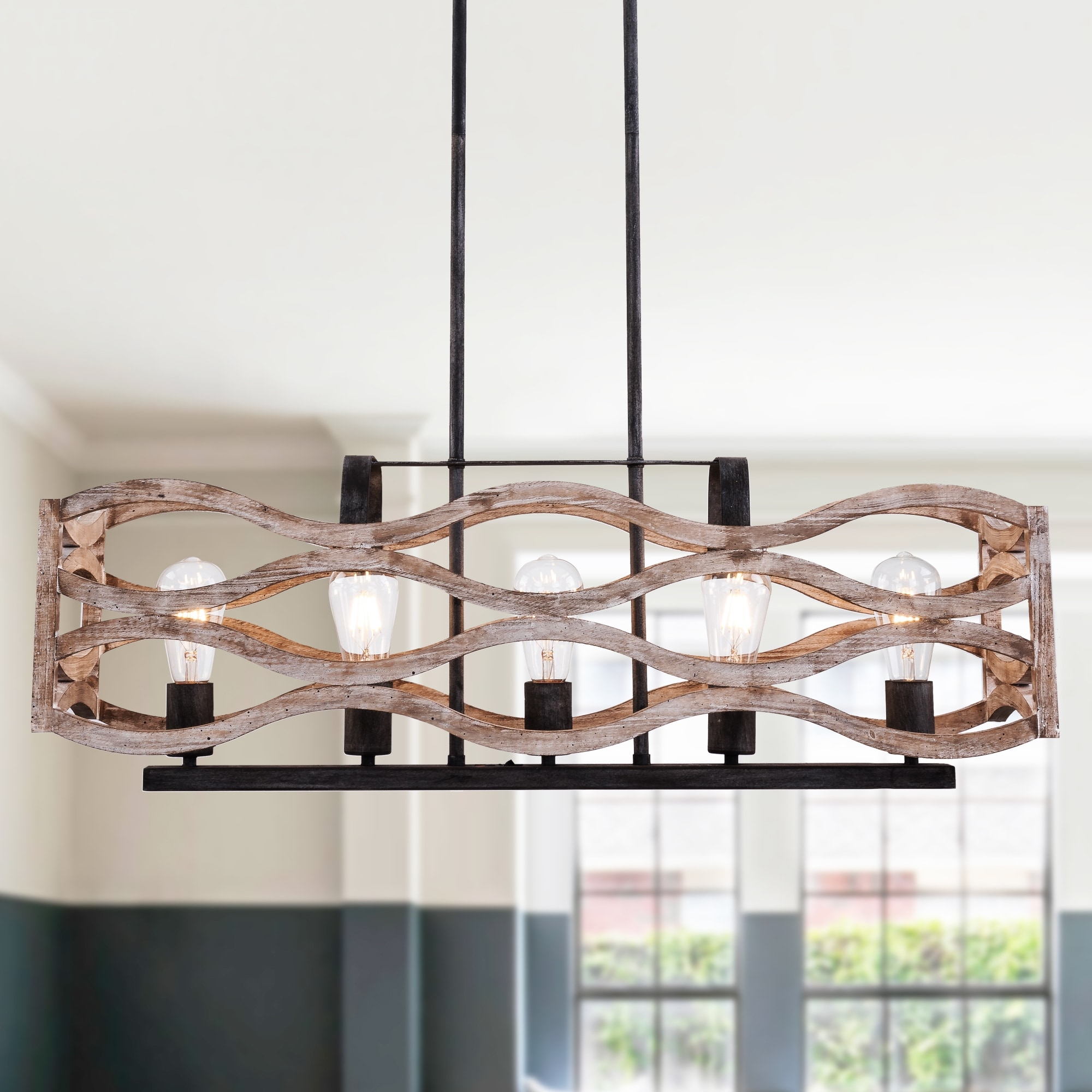 Oaks Aura Farmhouse 5 Light Linear Shabby Chic Wood Chandelier Rustic Wood Pendant Island Ceiling Light