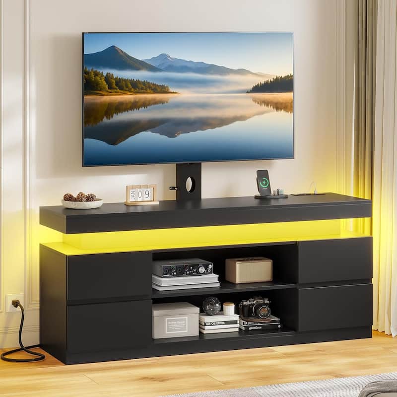 LED TV Stand with Mount Power Outlet TV Mount for 32 to 75 in TVs Drawers - Black - 4 Drawers