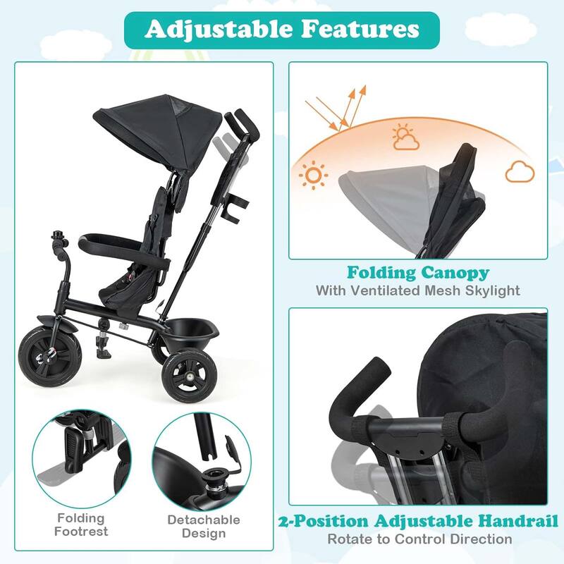 All-in-1 Tricycle Kids Trike Stroller w/Adjustable Push Handle &Canopy