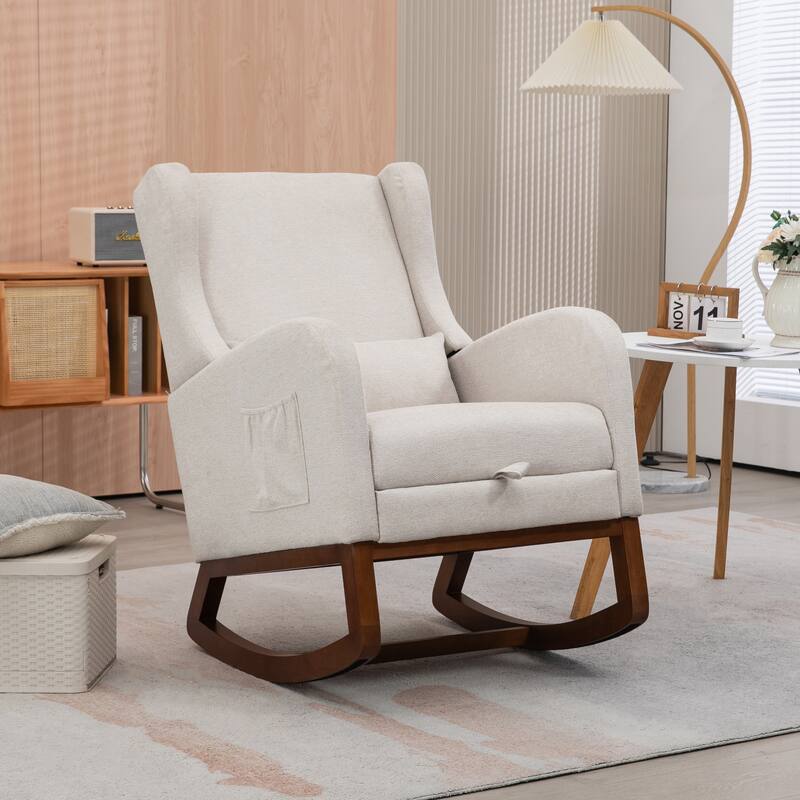 High back Upholstered Accent Rocking Chair Nursery Chair With Retractable Footrest