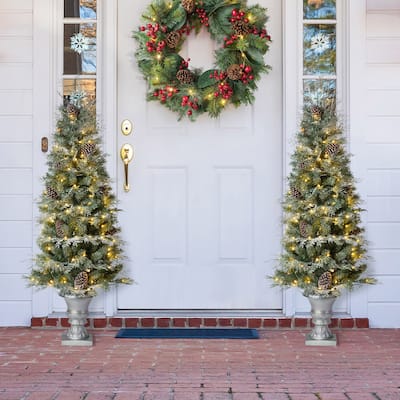 Glitzhome 5FT Pre-Lit Pine Artificial Christmas Potted Tree with 180 Warm White Lights and Pinecones for Xmas Porch Decor