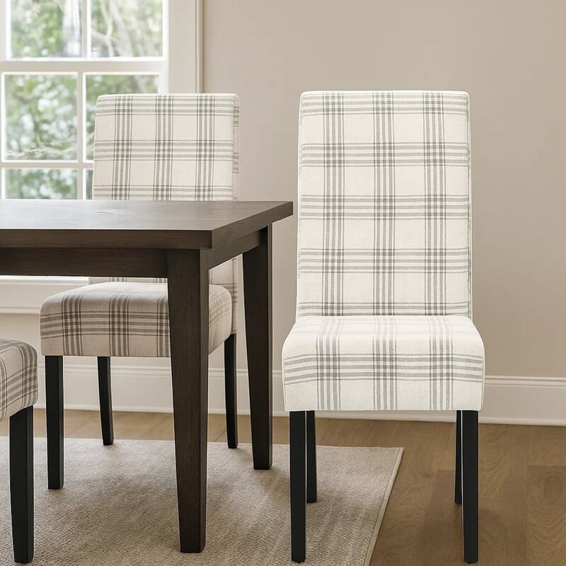 Cini Dining Side Chair Set of 2, Gray Plaid Fabric, Black Wood Legs