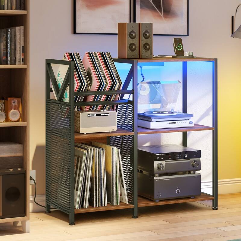 Moasis 3 Tier Record Player Stand with Power Outlets & LED Light - Brown