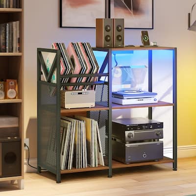 Moasis 3 Tier Record Player Stand with Power Outlets & LED Light