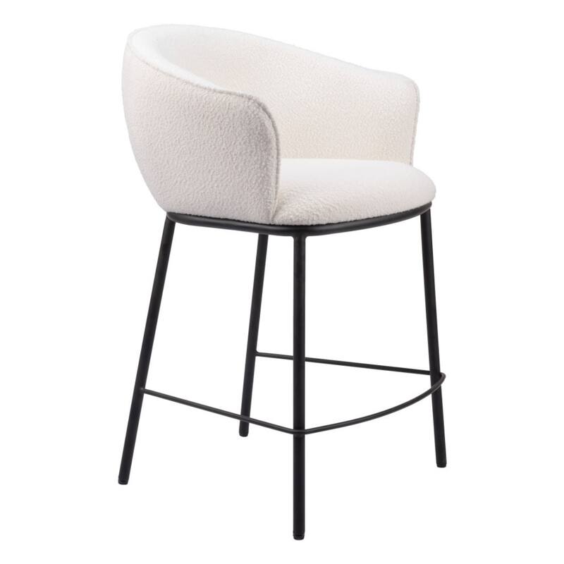 26-Inch Bucket Seat Counter Stool in Ivory Shearling with Arms and Back Black Powder Coated Steel Legs - 37”H x 24.4”W x 24”D