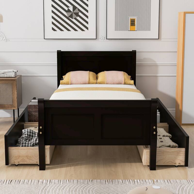 Wood Platform Bed with 4 Drawers and Streamlined Headboard & Footboard