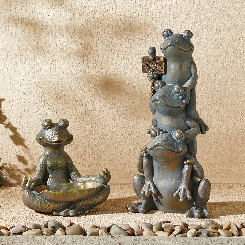 Glitzhome MGO Lucky Stacked Frogs Garden Statues with "Welcome" Sign Zen-style Sculpture