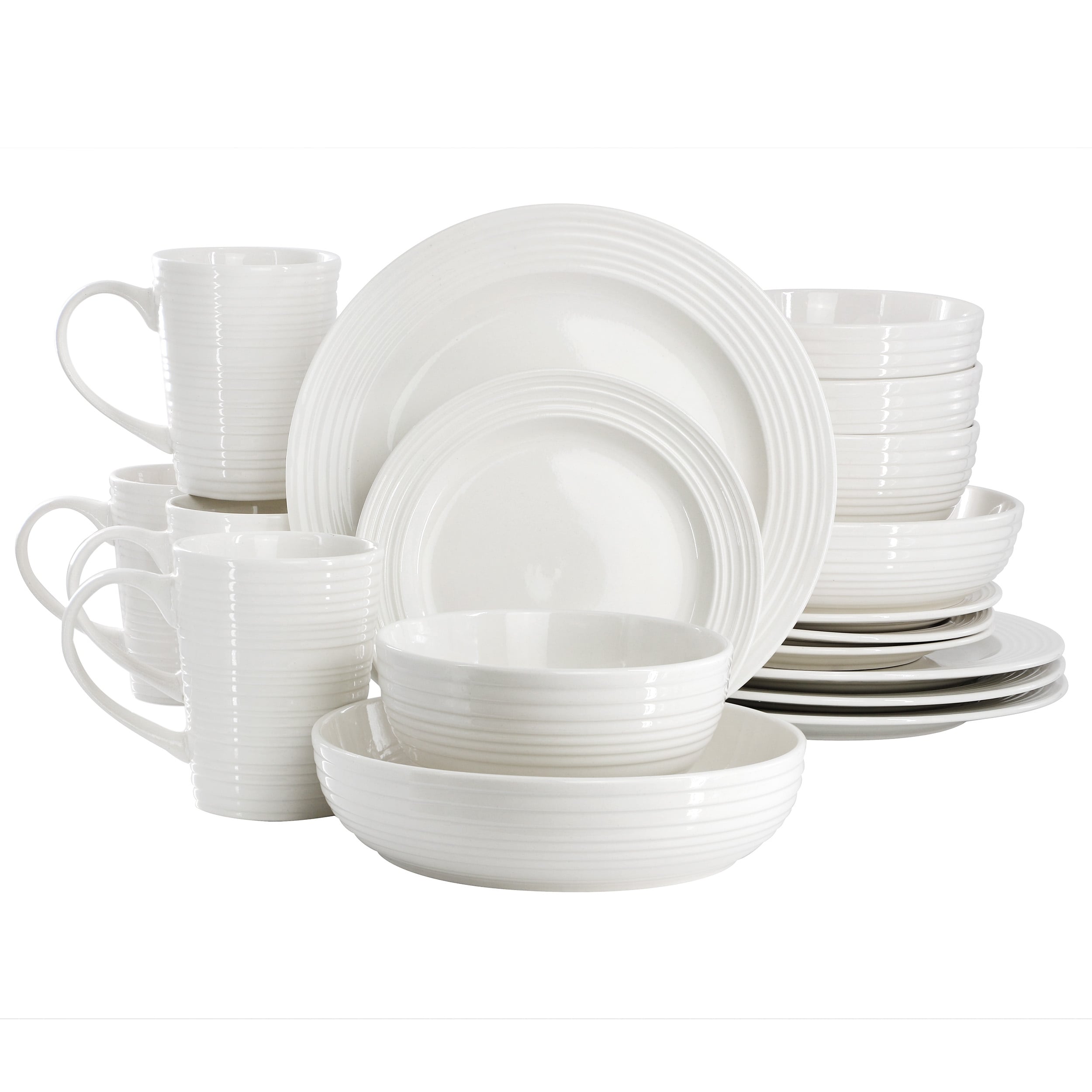 Elama Nikki 18 Piece Ribbed White Porcelain Dinnerware and Serving Bowl Set