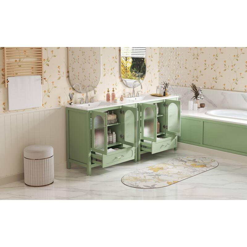 72" Bathroom Cabinet With Waffle Texture Doors,Vanity With 8 Drawers,Four Soft-Closing Doors And Double Sink Top