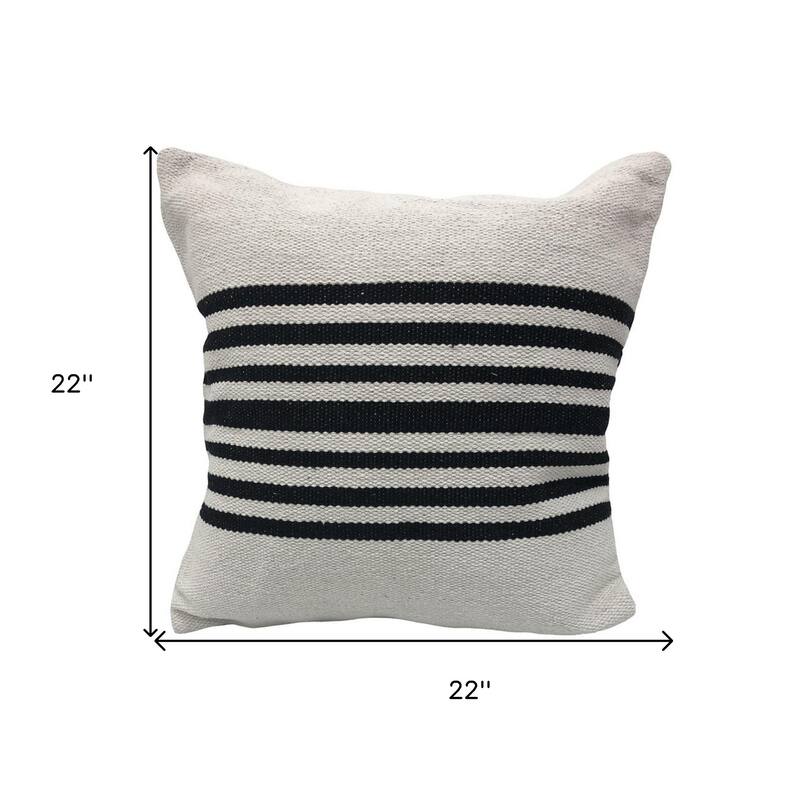 HomeRoots 22" X 22" Black and White Striped Cotton Zippered Pillow