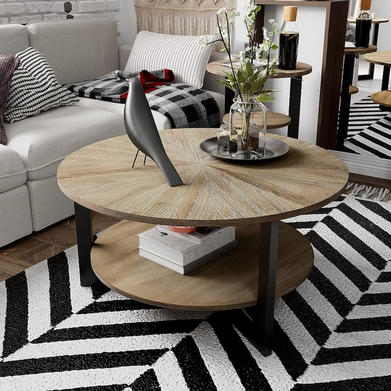 Round Coffee Table with Solid Wood Storage Circle Center Table