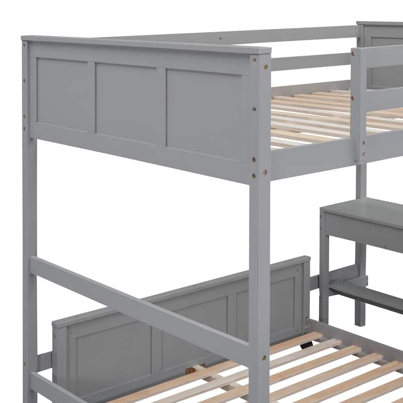 Full Over Full Bunk Bed, Platform Bed with Wheels, Loft Bed with Built-in Desk, Drawers, Ladder and Guardrail for Kids, Teen