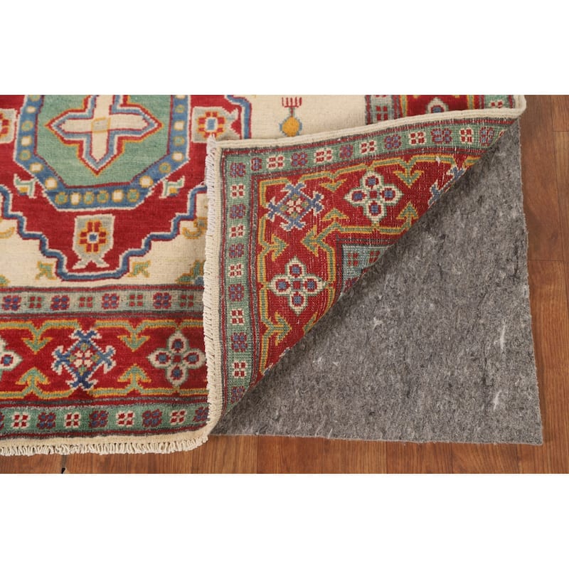 Beige Geometric Kazak Area Rug Hand-Knotted Wool Carpet - 4'2" x 5'9"