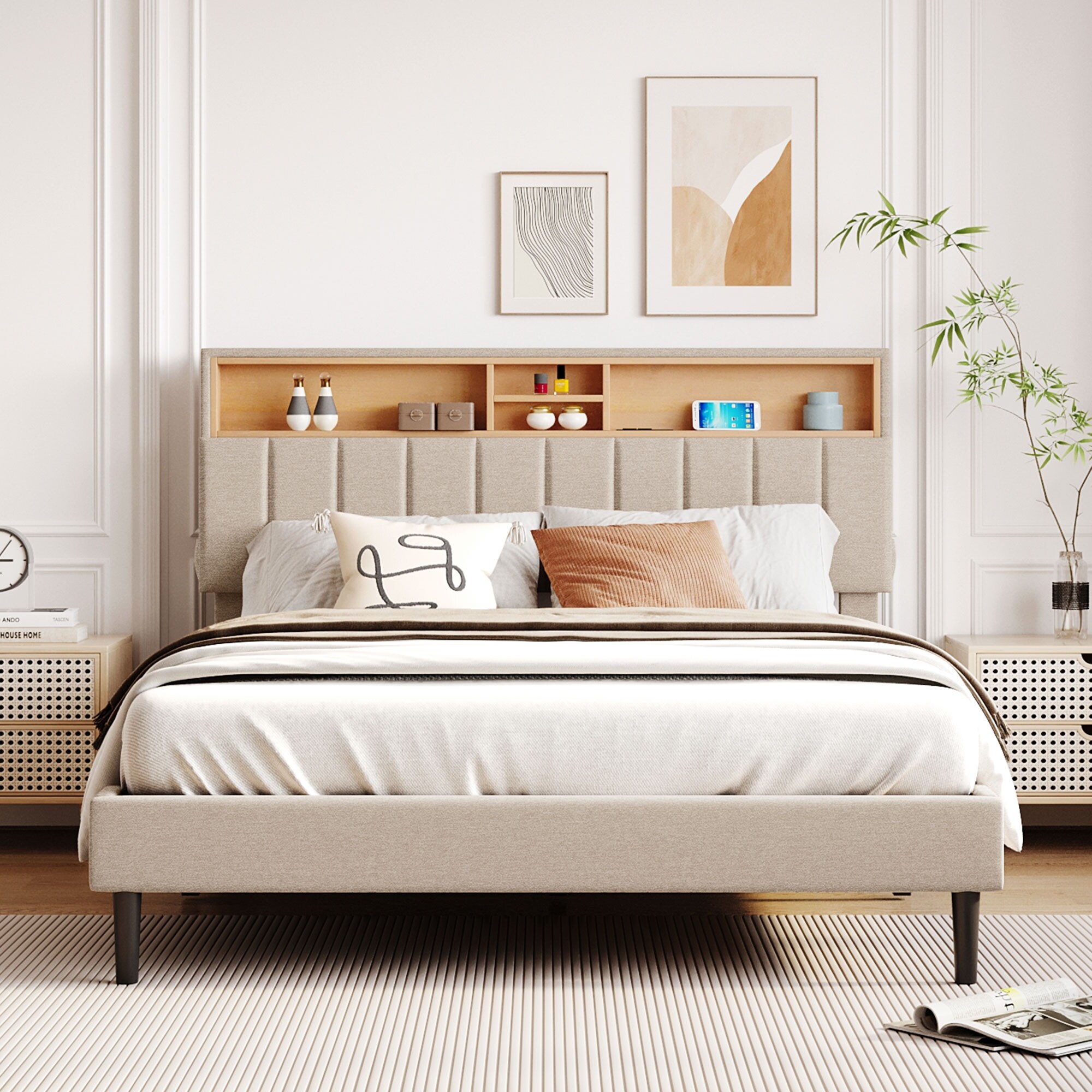 Beige queen bed 2025 frame with headboard
